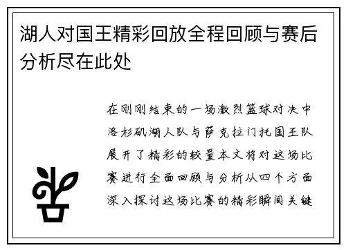 湖人对国王精彩回放全程回顾与赛后分析尽在此处